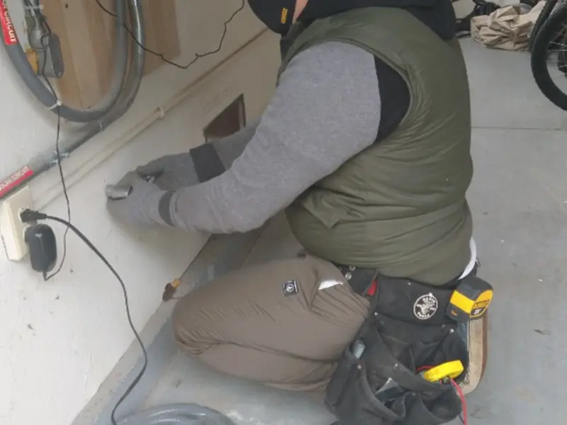 Electrician performing outlet wiring in a North Yarmouth garage